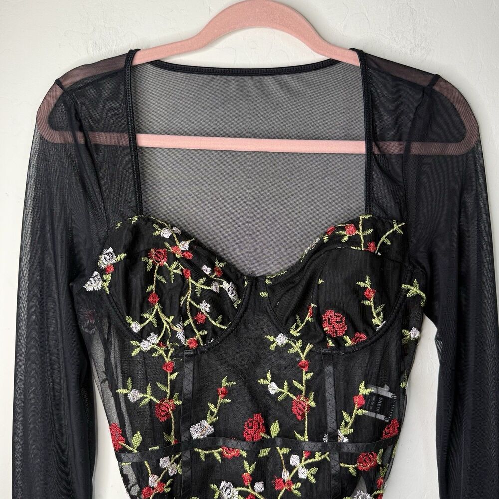 Womens Large Sheer Fairy Grunge Floral Long Sleeve Bodysuit Whimsigoth Ethereal - Picture 4 of 13